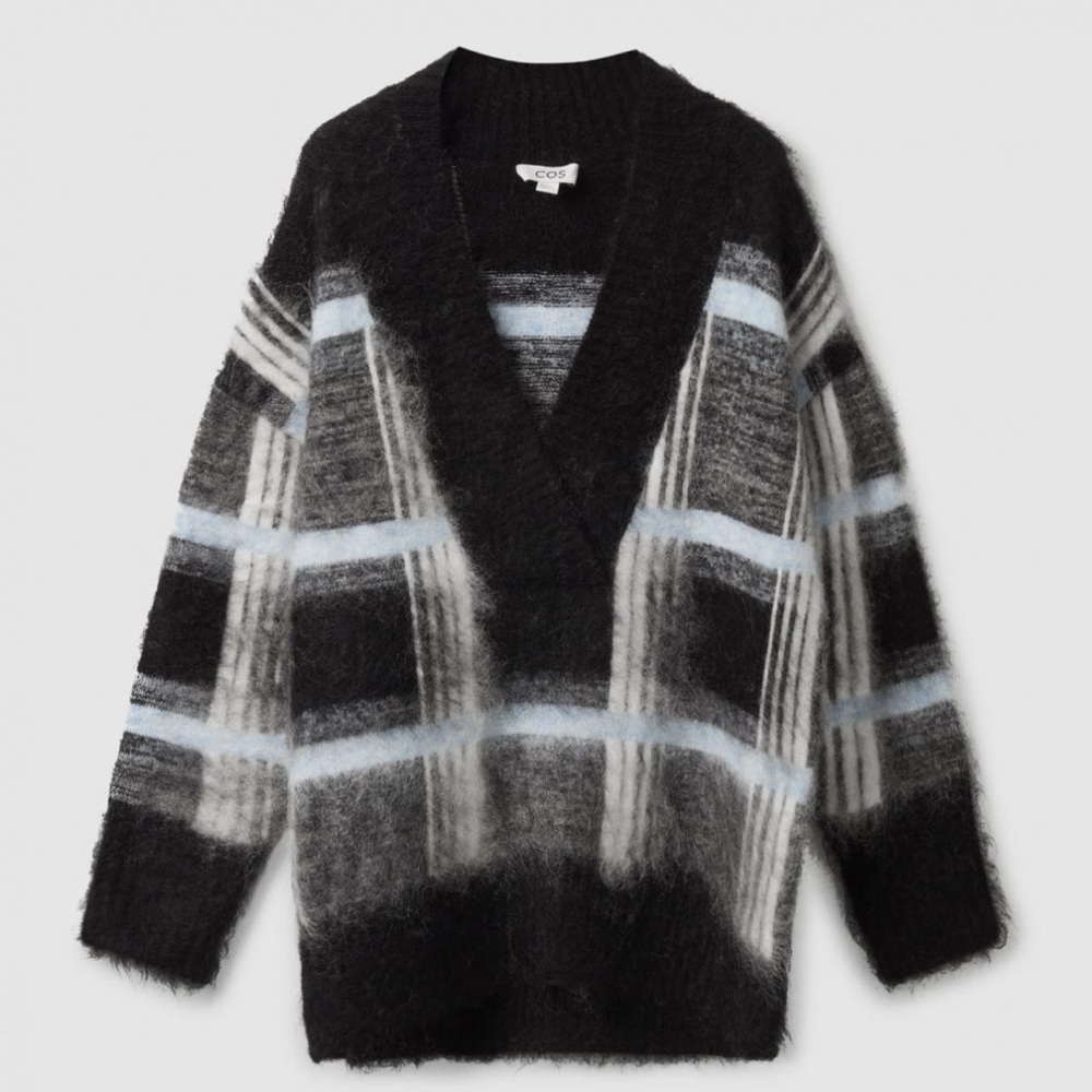COS sz L Mohair Wool Blend Sweater Fuzzy V Neck Black Blue gray oversized plaid